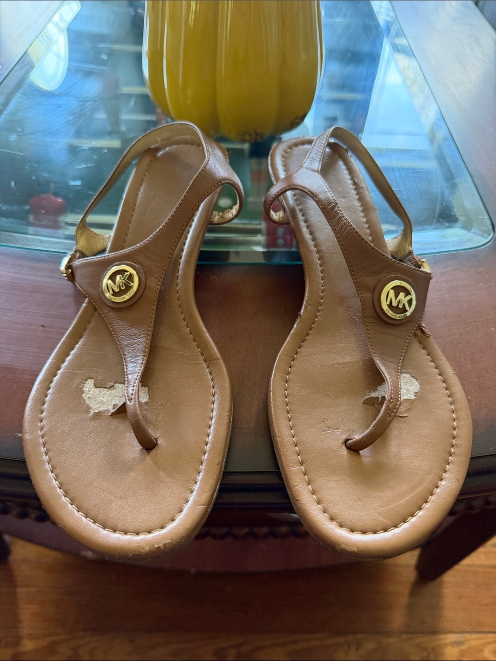 Michael Kors Brown Leather T-Strap Sandals with Gold MK Medallions
